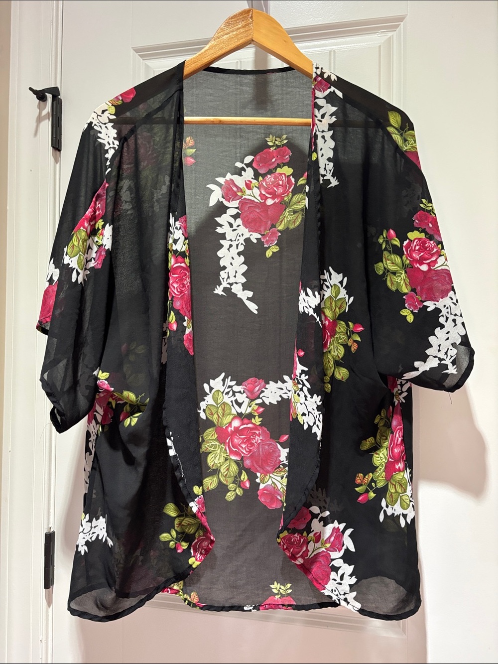 Black Floral Sheer Kimono Cover-Up with Pink Roses